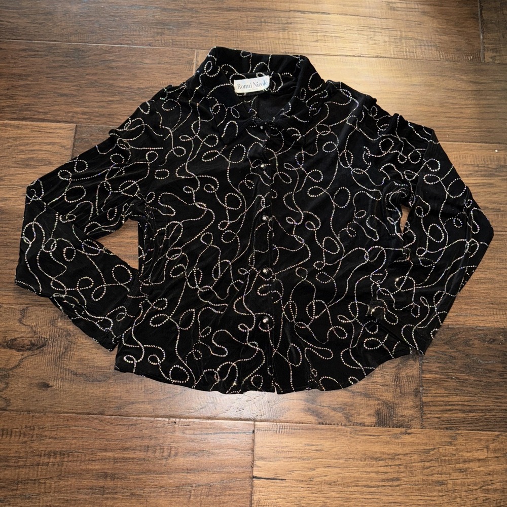 Ronni Nicole Black Whimsigoth Glitter Swirl Button‎ Up Blouse Split Back WomensL